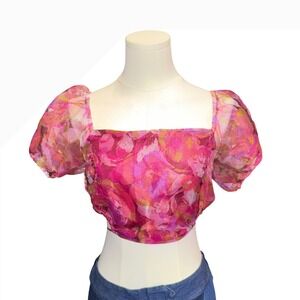 Etiquette Pink Floral Sheer Organza Puff Sleeve Tie Back Crop Top Small ELE071